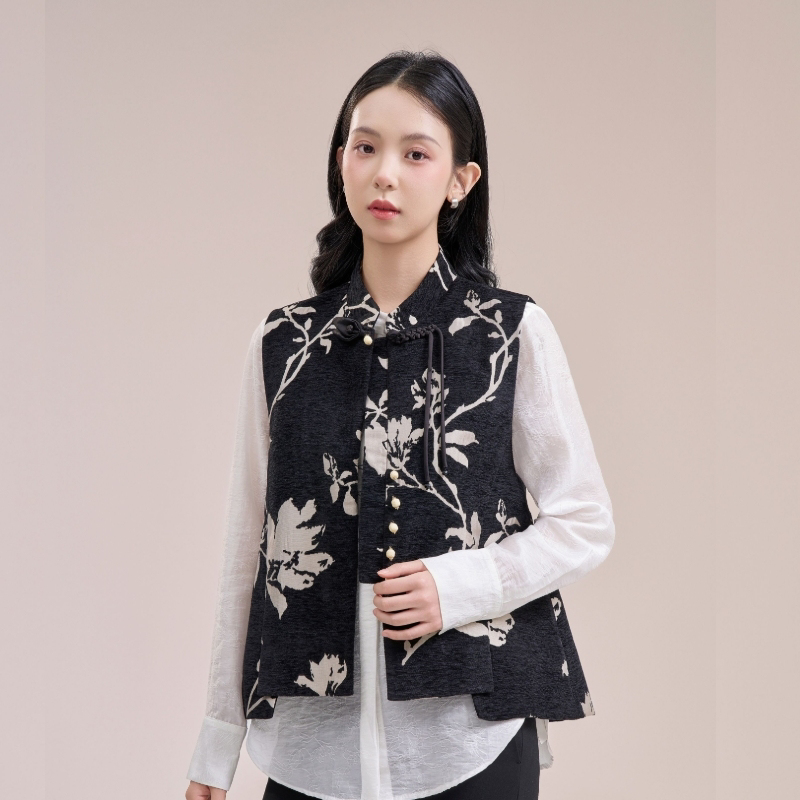 Eastbuy New Chinese Style 'Branch and Begonia' Winter Jacquard Vest - Details